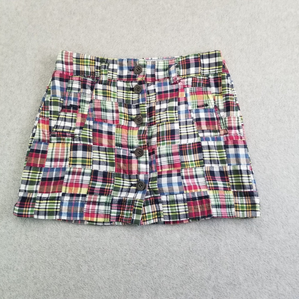 J.Crew‎ Skirt Womens Size 2 Madras Patchwork Plaid Mini Button Front Summer